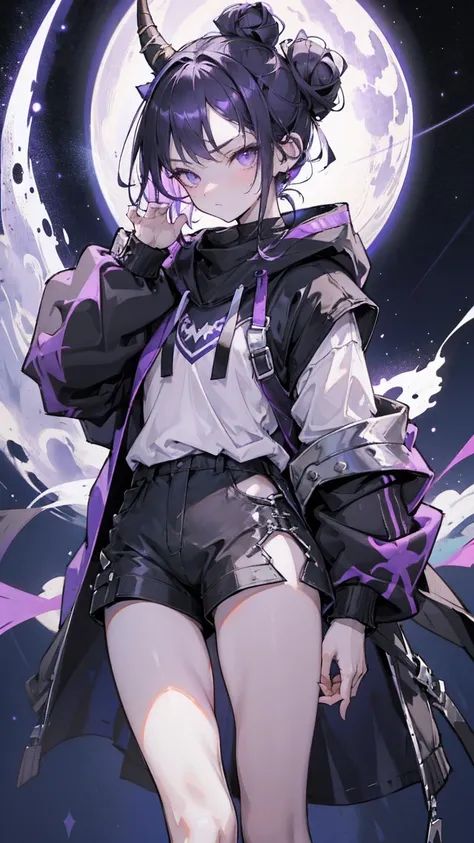 boy. thoughtful look. open forehead. black and purple hair tied in a bun on the left side to one side. winding black horns wrapped in white ribbon. white violet eyes. in short dark purple shorts. long white T-shirt. dark purple knee-high socks. dark purple...