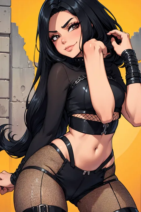 black haired girl, long hair, hispanic, baddie, smirk, fishnets