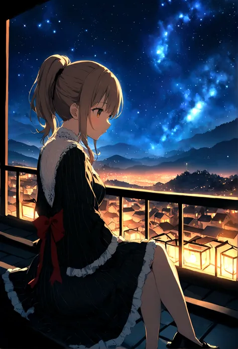 title: 「Starry Night」 explanation: This 8K raw photo、Top quality and highly detailed backgrounds、It depicts a Lolita girl looking up at the night sky.。She is 15 years old、height: 150cm、She is fair-skinned and、She has a light brown ponytail and wears a Japa...