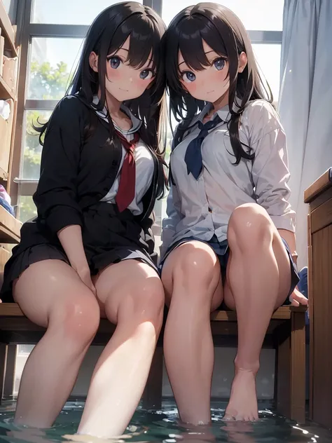 ((Highest quality)), ((masterpiece)), (detailed),Perfect Face,Strong light from the front,With front light,Two naked middle school sisters take off their clothes, skirts, and pants at the foot bath at school, spreading their legs wide open and showing the ...