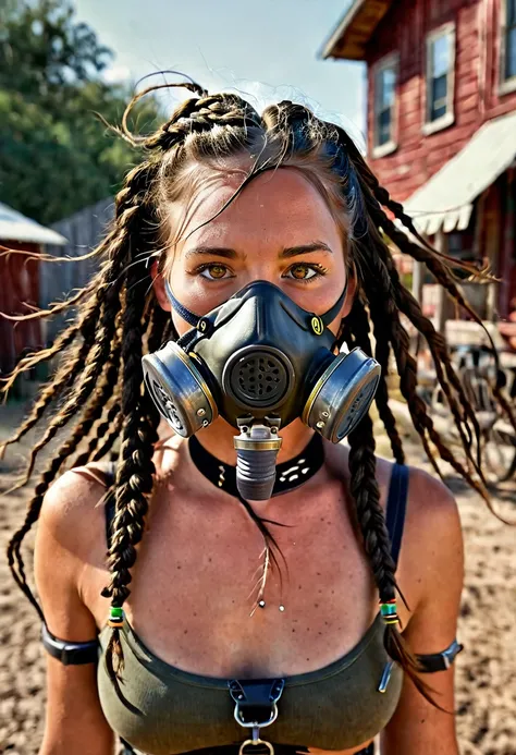 mujer cuerpo perfecto semidesnuada, single braid, single braid, dreadlocks, black hair, gas mask, constricted pupils, pupils sparkling, hoop earrings, licking lips, naughty face, saliva trail, Hyperrealism, En plein air, feet out of frame, symmetry, cowboy...