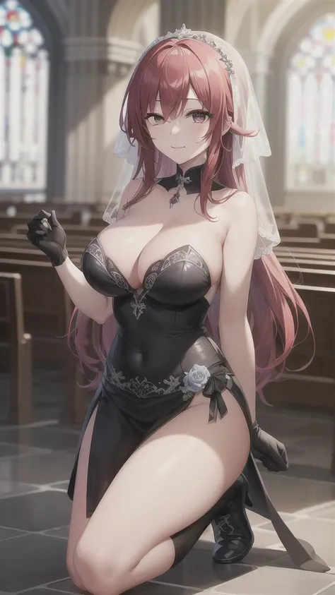 A girl，Long hair, Bangs, Red Hair, Hair between the eyes, s eyes:（1.5),  (Large Breasts:1.2), 
rest  锁骨, Wedding dress，veil，wedding，Black dress，Flowers，The skirt is broken，Black socks，Black knee socks，Black gloves，Long boots，Cleavage，
Looking at the audien...