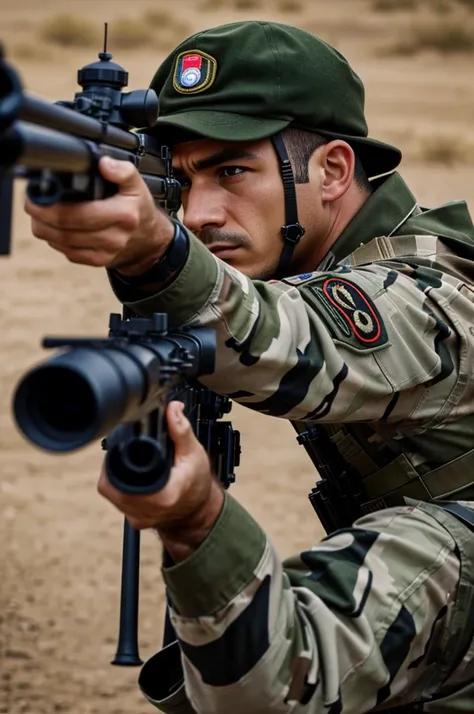 A soldier aiming his gun with his eye on the crosshairs 