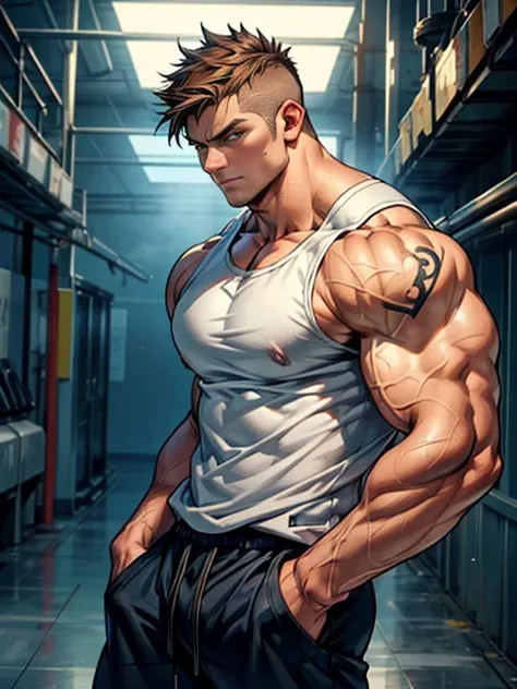 向观众炫耀Thick arms，Dissemination，Eyes look at the audience，Thick arms，Highest image quality，Men，Showing shoulders and arms，1 boy，young and beautiful，exhibit，Brown hair，Short straight hair，Dark Skin，cartoon，cartoon壁纸，Solitary，Male focus，Chest muscle expansion,...