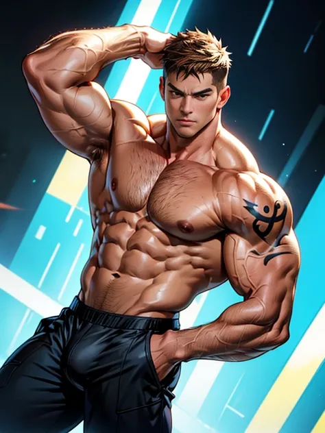 向观众炫耀Thick arms，Dissemination，Eyes look at the audience，Thick arms，Highest image quality，Men，Showing shoulders and arms，1 boy，young and beautiful，exhibit，Brown hair，Short straight hair，Dark Skin，cartoon，cartoon壁纸，Solitary，Male focus，Chest muscle expansion,...