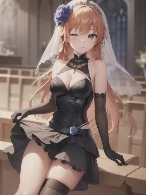 A girl，Long hair, Bangs, Orange hair, Hair between the eyes, s eyes:（1.5),  (Medium breasts:1.2), 
rest  锁骨, Wedding dress，veil，wedding，Black dress，Flowers，The skirt is broken，Black socks，Black knee socks，Black gloves，boots，Cleavage，，
Looking at the audien...