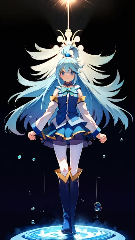 aqua (KonoSuba), mksks style, (highly detailed background:1.0), (highly detailed background:1.0), {masterpiece}, high quality, 1 girl, blue eyes, blue footwear, blue hair, hair ornaments, hair ring, raise your feet, long hair, looking at the viewer, medium...