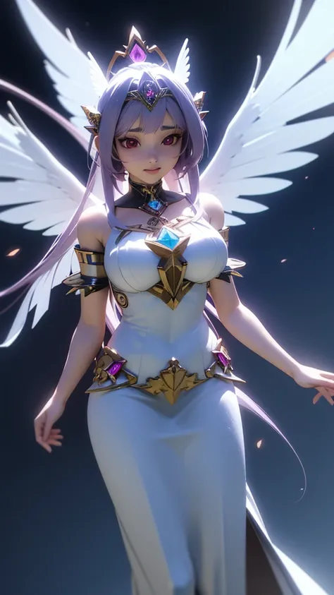 Young moon goddess adorned with purple hair on a bright dark fantasy moon scaffold with wings and soft features, dark red eyes, bright white angel wings, bright lights and sparks, Anime goddess, Unreal Engine rendering + an angel 8K 3D rendered character a...