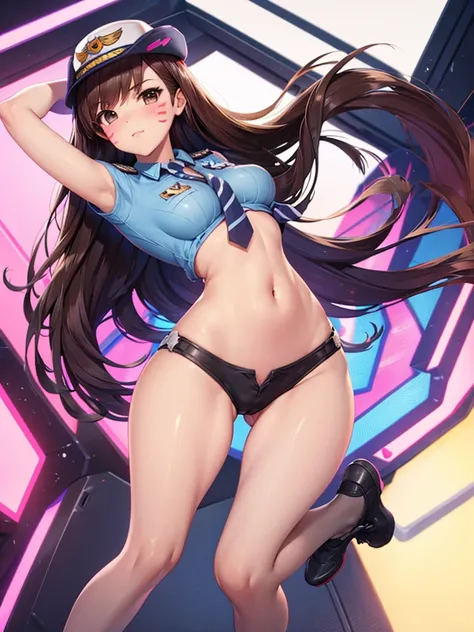 officer dva, solo girl, medium breast, wide hips, thighs, full body