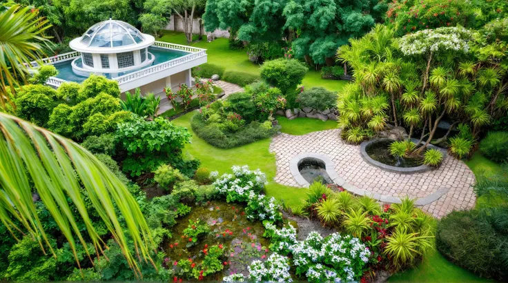 moderntropicalgardern,aiaigroup, aerial view, outdoors, garden, tree, east asian architecture, rock, stone, flower, daylight,  h...