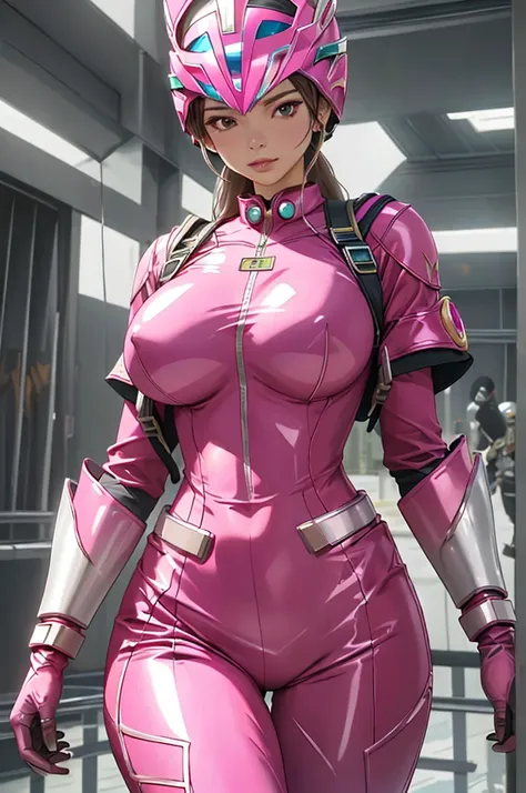 girl, 8K, Ultra-high resolution, Highest quality, masterpiece, Realistic, RAW images, perspective, Five fingers, Depth of written boundary, (Dressed as the Pink Power Ranger), Huge breasts:1.4, Bodysuits, armor, (Super Sentai), Full Face Helmets, Pink Phoe...