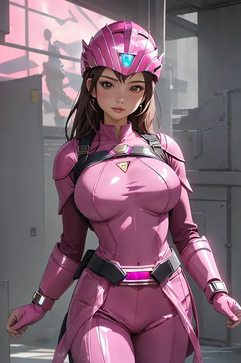 girl, 8K, Ultra-high resolution, Highest quality, masterpiece, Realistic, RAW images, perspective, Five fingers, Depth of written boundary, (Dressed as the Pink Power Ranger), Huge breasts:1.4, Bodysuits, armor, (Super Sentai), Full Face Helmets, Pink Phoe...