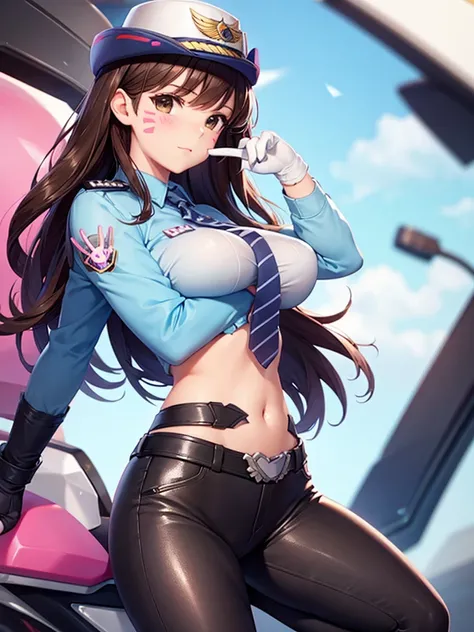 officer dva, solo girl, medium breast, wide hips, thighs, full body, leather pants