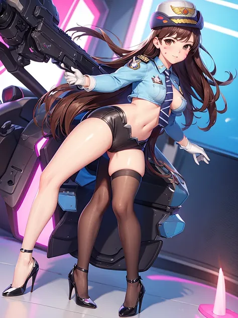 officer dva, solo girl, medium breast, wide hips, thighs, full body, high heels