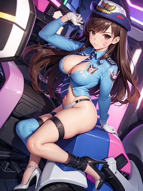 officer dva, solo girl, medium breast, wide hips, thighs, full body, high heels