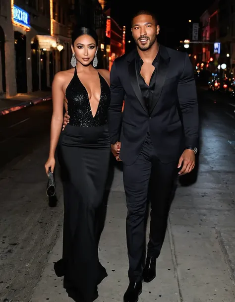 Shay Mitchell and a handsome African American male whose facial features are a combo of Broderick Hunter + Charles Michael Davis + Nathan Mitchell enjoy an evening stroll. Both are dressed attractively for a night on the town. Shay wears a sparkly black dr...