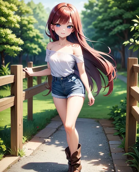 sexy young girl, long hair strong red hair, de blue eyes, Short white off-the-shoulder shirt, bright blue short jean shorts, mirada happy, happy, short brown boots, walking, con su hija pequeña de cabello gris de blue eyes, little daughter gray hair, blue ...