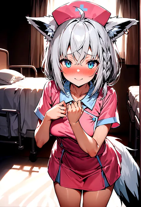 NSFW,masterpiece,Highest quality,High resolution,Super detailed,Shirakami Fubuki(Hololive),Gray Hair、One-sided braid、Ahoge、Earrings,Fox ears,Fox tail,nurse,Pink Nurse Uniform,Nurse cap,Embarrassed,blush,Expecting face,Bewitching Smile,Shy smile,hospital,Ho...