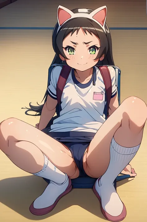 masterpiece, ultra quality, ultra sharp, ultra detailed, 1girl, solo, (((good anatomy))), haduki kurumi, (tattered torn dripping wet white gym shirt), navy gym pants, animal ears, randoseru, name tag, Japanese anime pose, laugh, BurumaShorts, Buruma, Gym U...