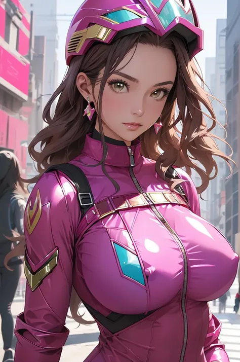 girl, 8K, Ultra-high resolution, Highest quality, masterpiece, Realistic, RAW images, perspective, Five fingers, Depth of written boundary, (Dressed as the Pink Power Ranger), Huge breasts:1.4, Bodysuits, armor, (Super Sentai), Full Face Helmets, Pink Phoe...