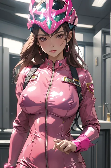 girl, 8K, Ultra-high resolution, Highest quality, masterpiece, Realistic, RAW images, perspective, Five fingers, Depth of written boundary, (Dressed as the Pink Power Ranger), Huge breasts:1.4, Bodysuits, armor, (Super Sentai), Full Face Helmets, Pink Phoe...