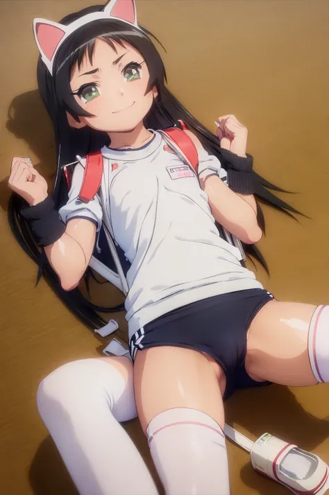 masterpiece, ultra quality, ultra sharp, ultra detailed, 1girl, solo, (good anatomy), haduki kurumi, (tattered torn dripping wet white gym shirt), navy gym pants, animal ears, randoseru, name tag, Japanese anime pose, laugh, BurumaShorts, Buruma, Gym Unifo...