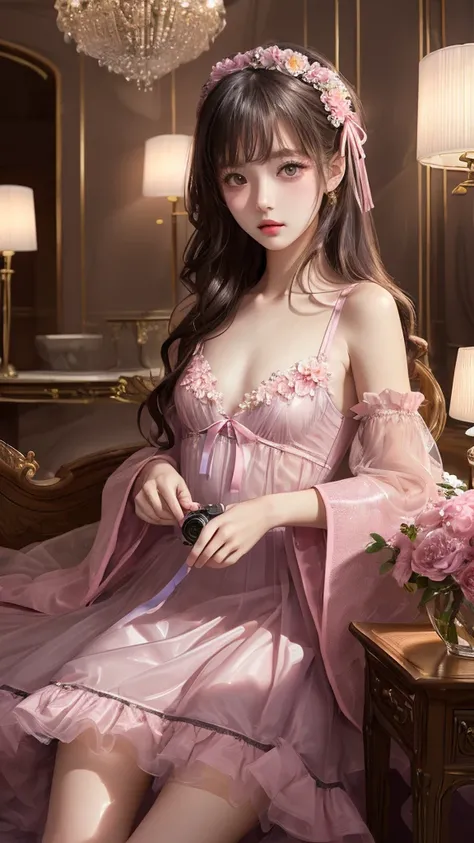 (((flat chest))),((1 girl)),((solo)),((highest quality)), (masterpiece),((High resolution)),beautiful 14 years old girl,model,Japanese, Single-lens reflex camera, Transparent Pink Lolita dress,luxurious study,flower luxury decoration,pink underwear,movie l...