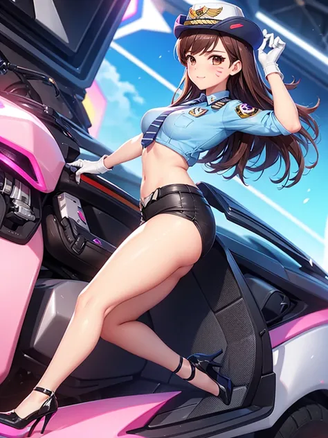 officer dva, solo girl, medium breast, wide hips, thighs, full body, high heels