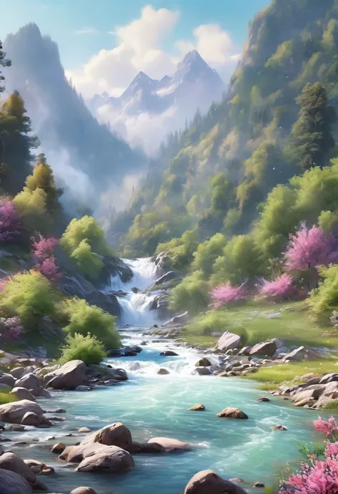 style, ChromaV5, Enwink Punk, (extremely detailed 8k CG unit wallpaper), image of a majestic river, There are trees on both sides, Small waterfall, Heavy fog, Award-winning photography, Chromatic Aberration, detailed, Human Development Report, bloom, 莫奈sty...