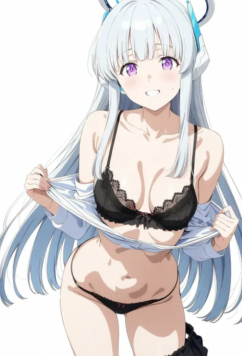 best quality, amazing quality, very aesthetic, absurdres, (1girl, noa, blue archive, solo, purpel eyes, white hair), (realistic face:0.9),(lace-trimmed bra:1.8),dress lift, (grin, blush, thigh:1.3), (cowboy shot), (glistening eyes), (), (official art:1.3),...