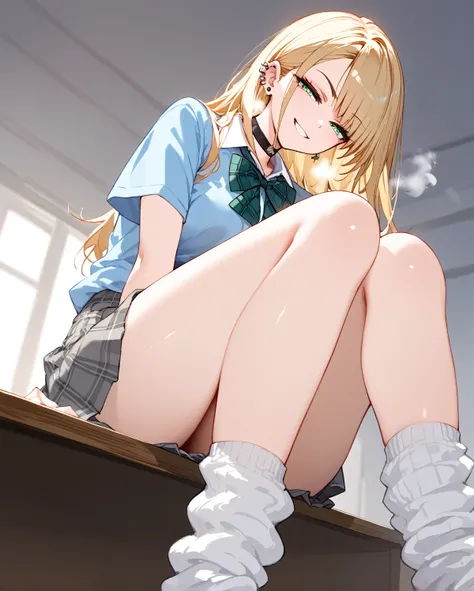 score_9, score_8_up, score_7_up, rating_safe, masterpiece, best quality, very aesthetic, absurdres, 1girl, gyaru, half-closed eyes, blonde hair, brown hair, smirk, evil smile, faint lips, (ear piercing, industrial piercing), (light blue shirt, short sleeve...