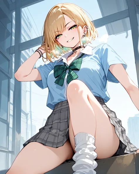 score_9, score_8_up, score_7_up, rating_safe, masterpiece, best quality, very aesthetic, absurdres, 1girl, gyaru, half-closed eyes, blonde hair, brown hair, smirk, evil smile, faint lips, (ear piercing, industrial piercing), (light blue shirt, short sleeve...