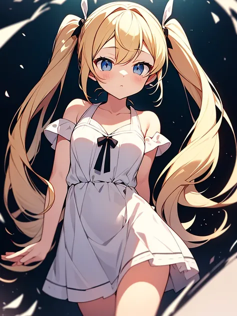 Blonde　Twin tails　11 years old　White dress　anime　whole body　Coming running