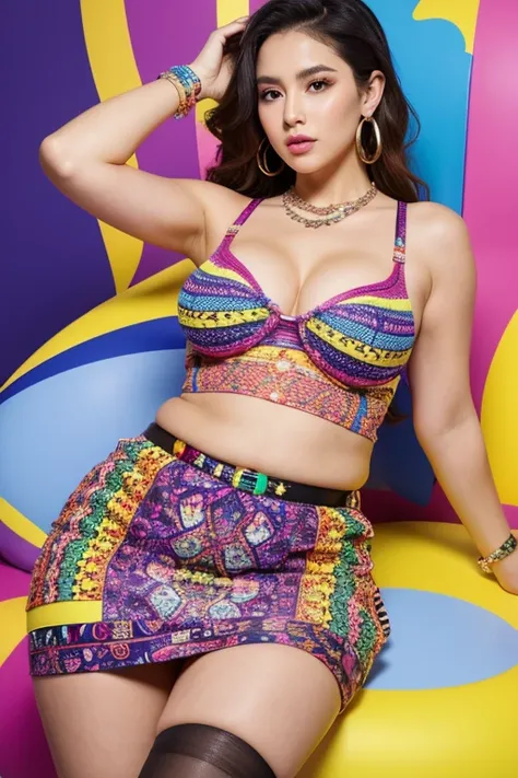 obesity, best quality, masterpiece, sleeveless tee, Tight, belly button exposed, H-shaped skirt that reveals more than 10cm above the knees, High heels that are very flashy and have a heel of more than 7 cm., large, colorful necklace, large and colorful ea...