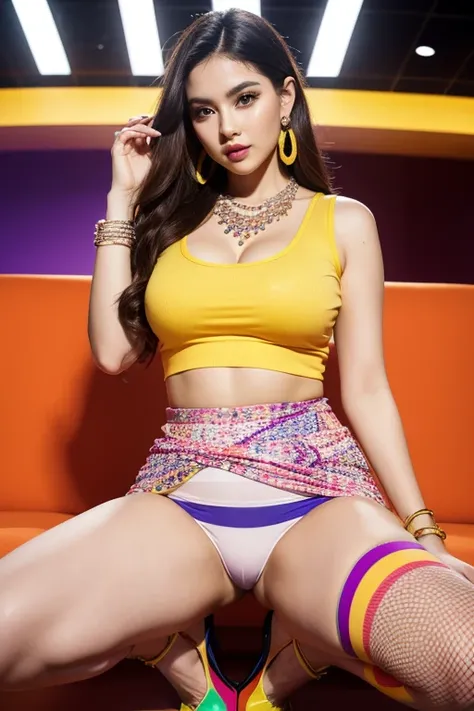 obesity, best quality, masterpiece, sleeveless tee, Tight, belly button exposed, H-shaped skirt that reveals more than 10cm above the knees, High heels that are very flashy and have a heel of more than 7 cm., large, colorful necklace, large and colorful ea...