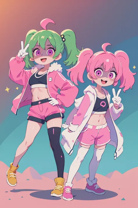 (masterpiece, best quality:1.2) , 2girls, giana sisters, facial mark, shaded face, smile, looking at viewer, peace sign, ahoge, twintails, hair ornament, glowing eyes, open clothes, jacket, sports bra, pink shorts, single thighhigh, pink gloves 