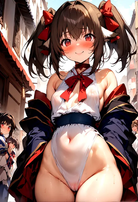 NSFW,masterpiece,Highest quality,High resolution,Super detailed,nekone (utawarerumono),Brown Hair、（Red Eye：1.3）、ribbon,Twin tails、ヘアribbon、Mole、目の下のMole,Small breasts,blush,Expecting face,smile,bustling street,Date