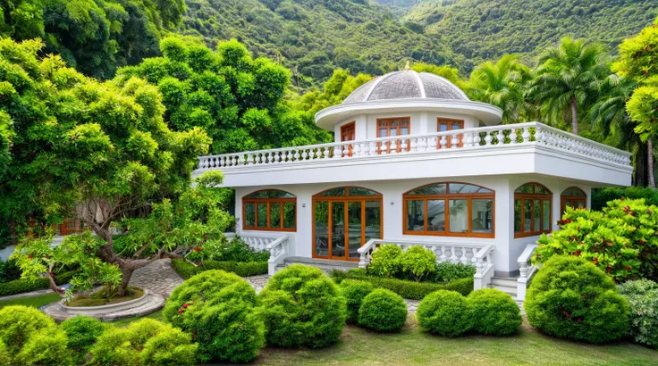 Moderntropicalgardern,aiaigroup, aerial view, outdoors, garden, tree, east asian architecture, rock, stone, flower, daylight,  house,Beautifully designed garden mandarin branches