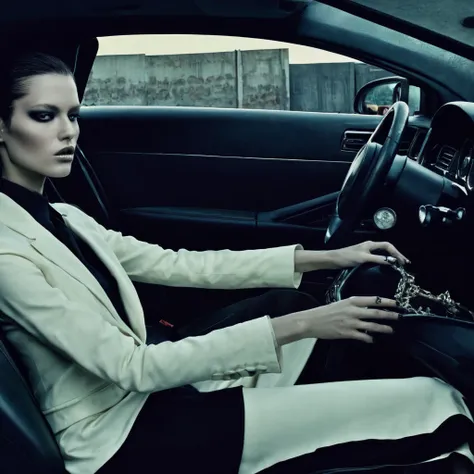 Driving a car, fashion photoshoot, photographed by Steven Klein