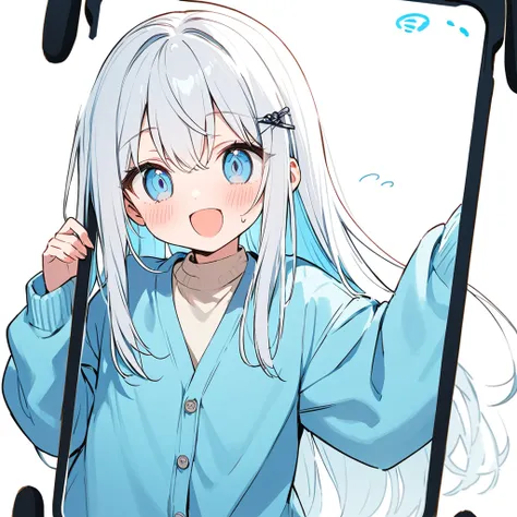 long hair, White hair, sky blue inner hair, open mouth, smile, flustered, Illustration where the pupil does not overlap the lower lash line, The lower half of the eye is white, vacant eyes, sky blue eyes, oversized clothes, sleeves past wrists, , sky blue ...