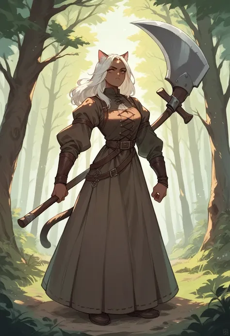 brown-skinned woman,tall and strong,with cat ears,white hair color,wearing a medieval dress,at a forest,wielding an axe