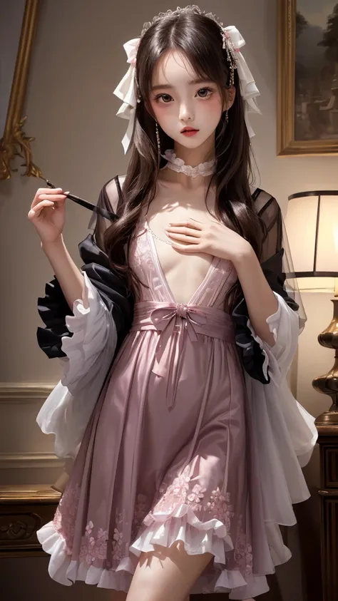 (((flat chest))),((1 girl)),((solo)),((highest quality)), (masterpiece),((High resolution)),beautiful 14 years old girl,model,Japanese, Transparent Pink Lolita dress,luxurious study,flower luxury decoration,white ruffle underwear,movie lighting