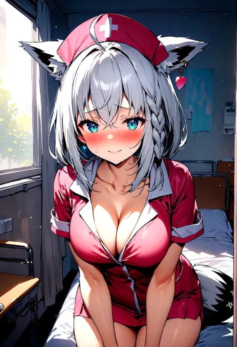 NSFW,masterpiece,Highest quality,High resolution,Super detailed,Shirakami Fubuki(Hololive),Gray Hair、One-sided braid、Ahoge、Earrings,Fox ears,Fox tail,nurse,Pink Nurse Uniform,Nurse cap,Embarrassed,blush,Expecting face,Bewitching Smile,Shy smile,hospital,Ho...