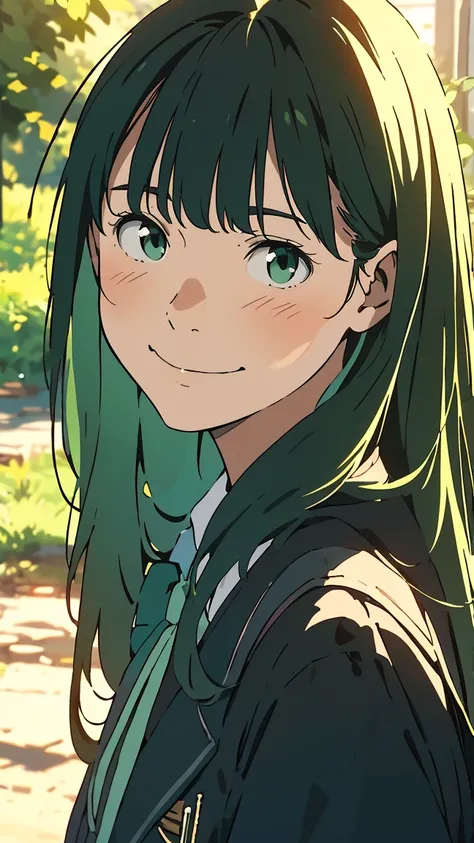 green eyes, (green hair), (medium long hair), uniform, one girl, alone, very beautiful, best quality, great quality, curated, shape, very detailed, anime coloring, very detailed, official art, warm tones, sun flare, soft shadows, vibrant colors, very detai...