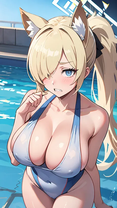 Kanna Ogata（Blue Archive）,Blonde ponytail,Grey gap,Wolf Ears,One eye is covered by hair,（White competitive swimsuit）,Large Breasts,Poolside Background,Circle of angels overhead,Jagged teeth,Embarrassed,