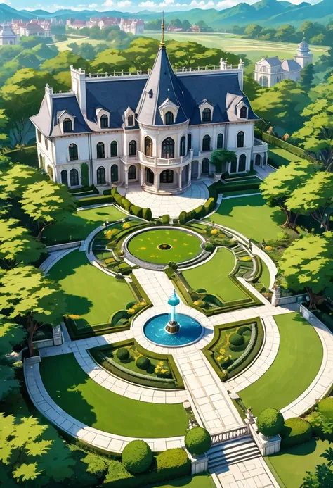 aerial view, medieval fantasy noble mansion, huge mansion, 3 stories high, big front garden, luxurious palace, duke, round fountain in the path to the mansion, decorated garden, manhwa style mansion, manhwa, 2d
