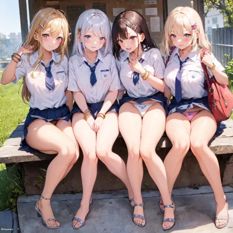 Texture CG, ((Ultra Detailed Art)), ((masterpiece)), (Highly detailed CG),Multiple Girls,Three Girls,Harem,Sitting,  ,Male student ,((((uniform))),skirt ,(((pleated mini skirt)))), White shirt, school bag, bag , Beautiful feet, Wind power increase,((String...