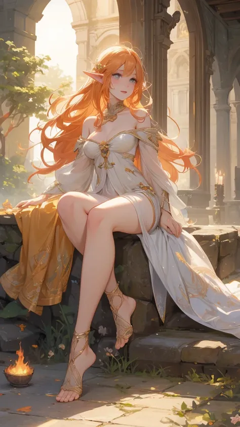 work of art, mythical effects, best resolution, ultra epic details, No defects, best result. better rendering, waifu fiery hair, ( BEAUTIFUL ELF ), ( honey-colored eyes ) pale skin, blushed face, bare feet, wearing medieval clothing,  Nature in the backgro...