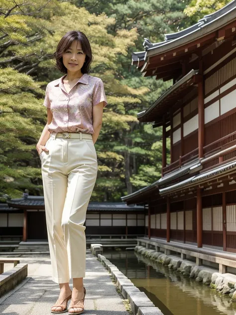 her name is Asako, high quality, 1girl, ((55-year-old asian woman)), ((55 years old)), ((slim)), ((Wavy Bob)), (((old body))) pose: standing, wearing stylish fashionable generation x wear different colored, BACKGROUND: In the serene gardens of Kyotos Kinka...