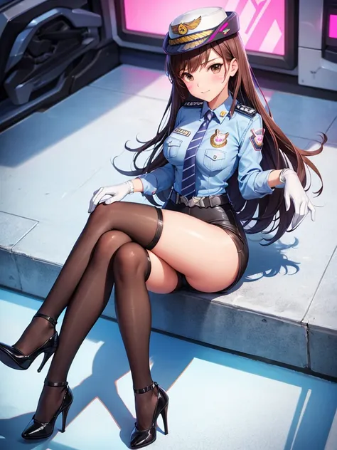 officer dva, solo girl, medium breast, wide hips, thighs, full body, high heels, sitting, crossed legs